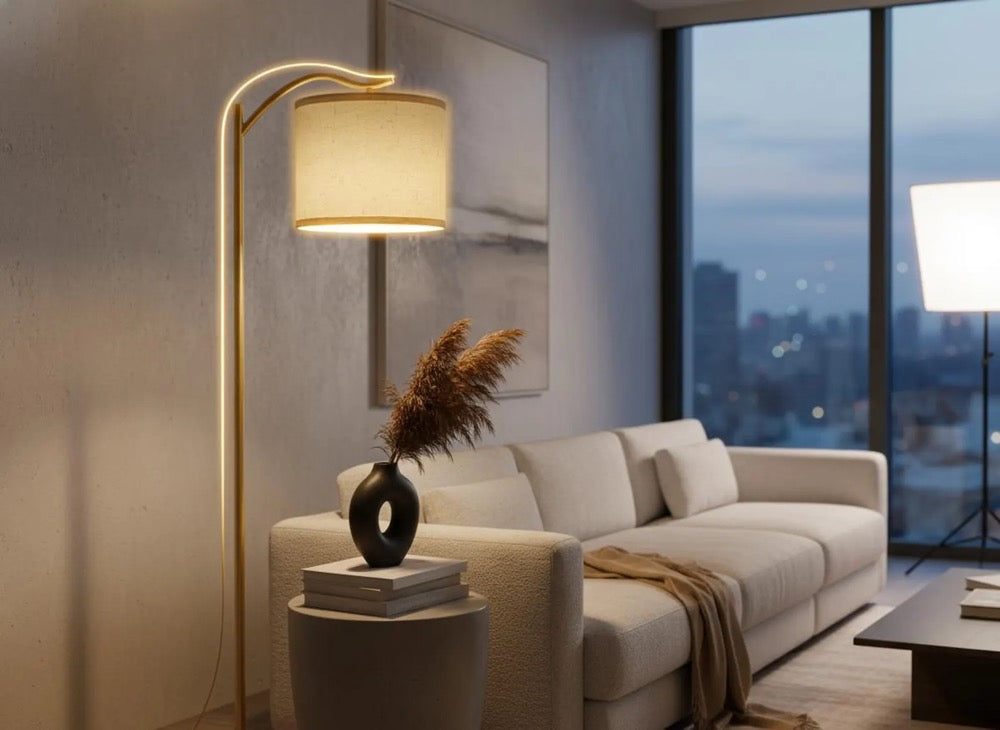 Mid Century Modern Arched Floor Lamp, Linen Shade