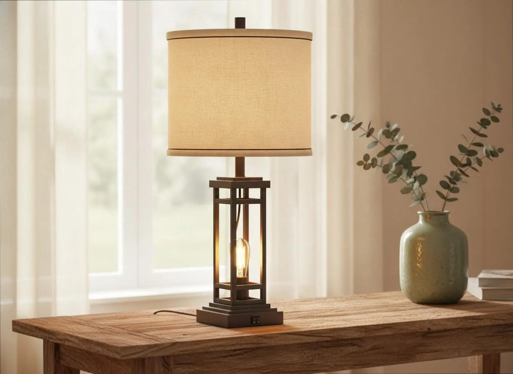 Farmhouse Table Lamp with USB Ports & AC Outlet, Industrial Touch Bedside Lamp for Bedroom Living Room Nightstand