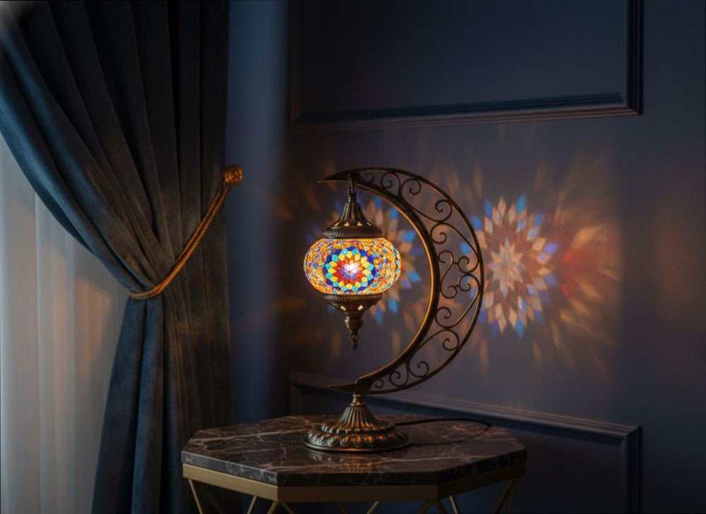 Turkish Moon Lamp, Moroccan Mosaic Table Lamp with Bronze Base, Colorful Stained Glass Decorative Light for Bedroom Living Room