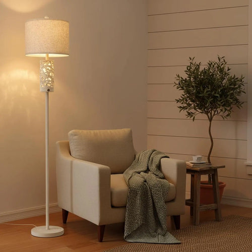 Farmhouse Floor Lamp with Night Light, Wood Pole Linen Shade Light, Rustic Standing Lamp for Living Room Bedroom