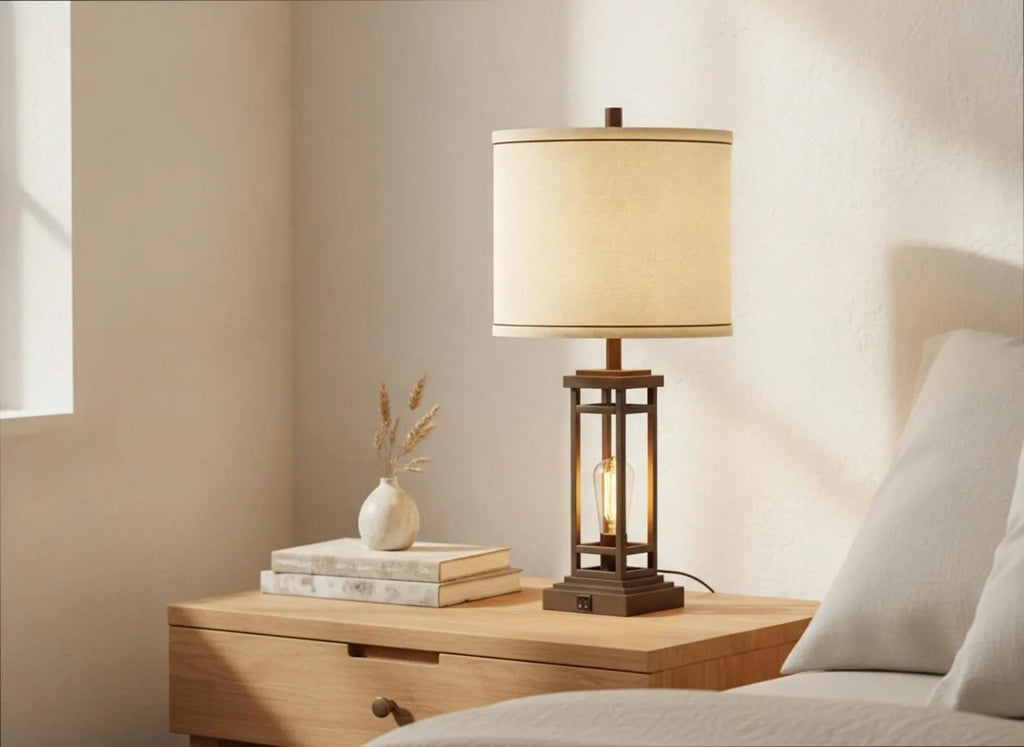 Farmhouse Table Lamp with USB Ports & AC Outlet, Industrial Touch Bedside Lamp for Bedroom Living Room Nightstand