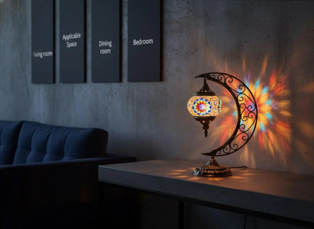 Turkish Moon Lamp, Moroccan Mosaic Table Lamp with Bronze Base, Colorful Stained Glass Decorative Light for Bedroom Living Room