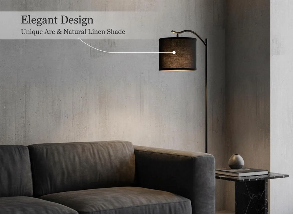 Mid Century Modern Arched Floor Lamp, Linen Shade