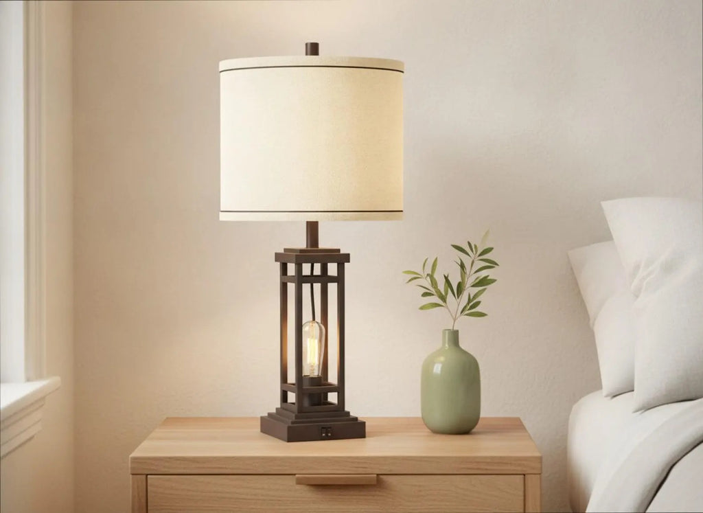 Farmhouse Table Lamp with USB Ports & AC Outlet, Industrial Touch Bedside Lamp for Bedroom Living Room Nightstand