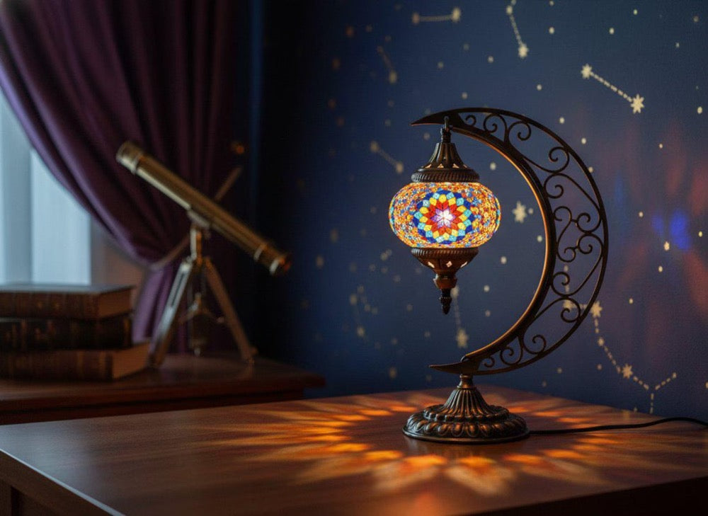 Turkish Moon Lamp, Moroccan Mosaic Table Lamp with Bronze Base, Colorful Stained Glass Decorative Light for Bedroom Living Room