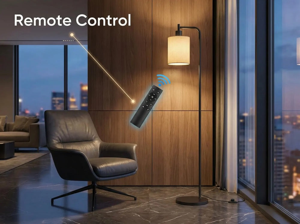 Dimmable Floor Lamp with Remote, Modern Linen Shade Standing Lamp with 3 Color Temperatures