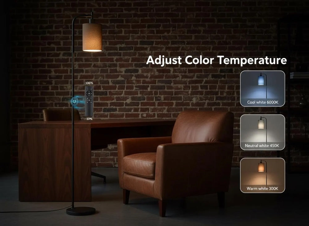 Dimmable Floor Lamp with Remote, Modern Linen Shade Standing Lamp with 3 Color Temperatures