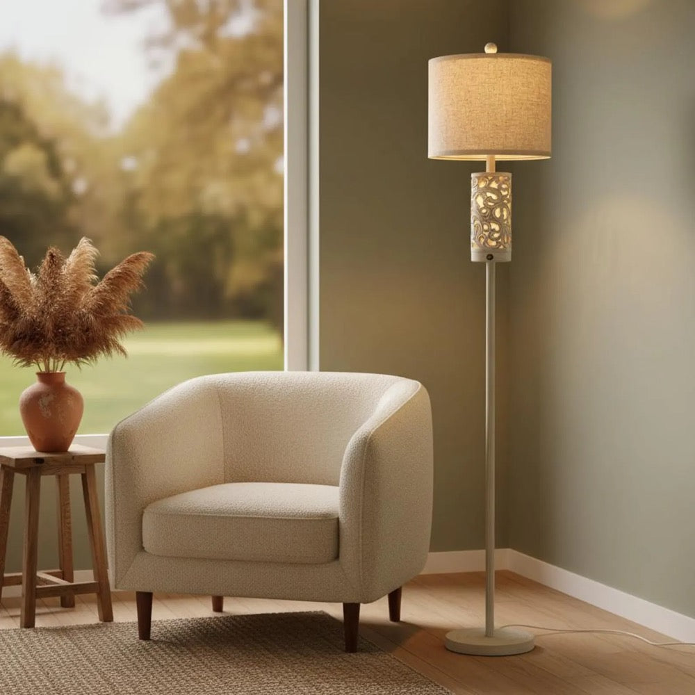 Farmhouse Floor Lamp with Night Light, Wood Pole Linen Shade Light, Rustic Standing Lamp for Living Room Bedroom