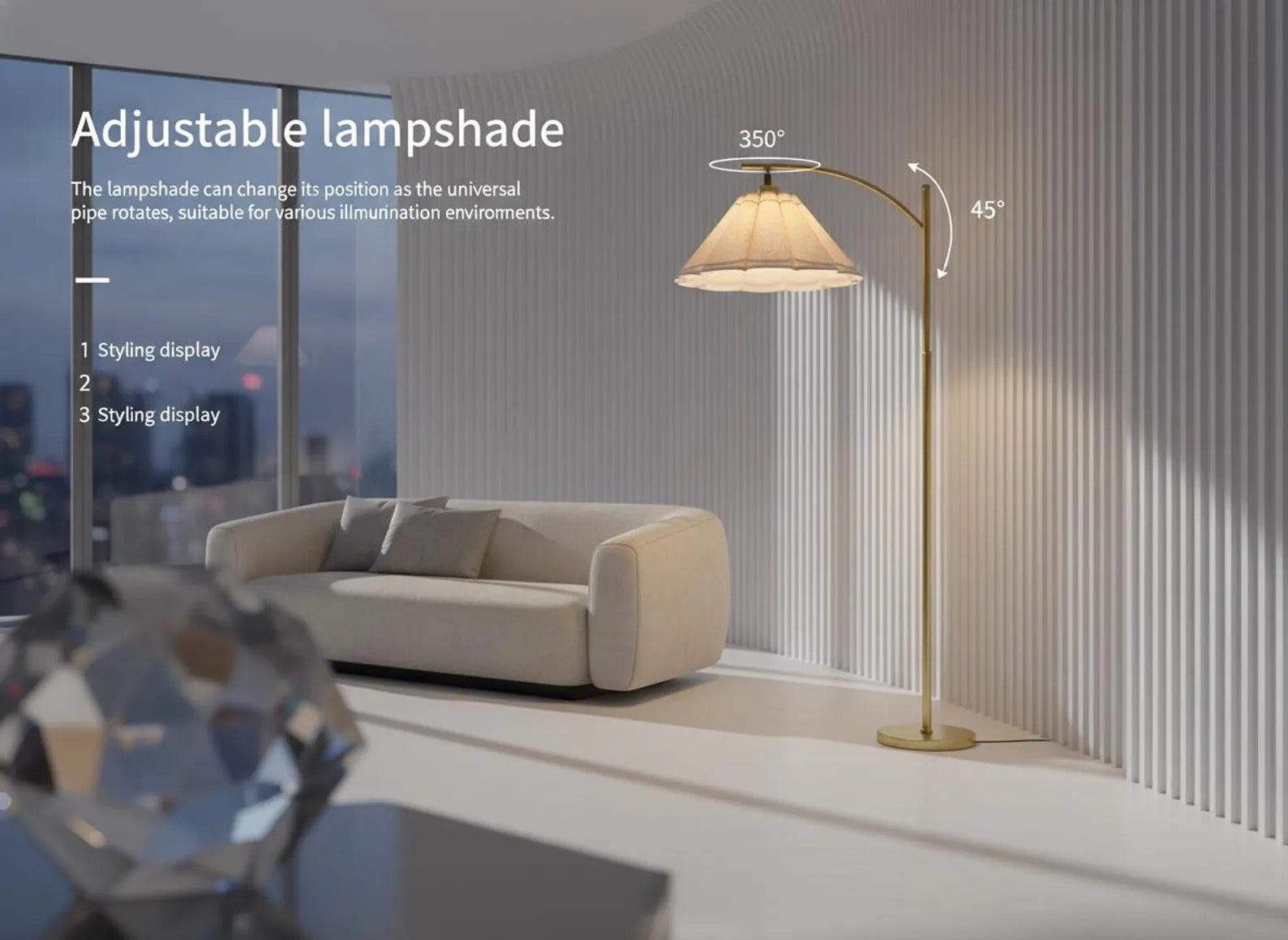 Tall Gold Floor Lamp, Pleated Linen Shade Arc Light, Modern Flower Standing Lamp for Living Room