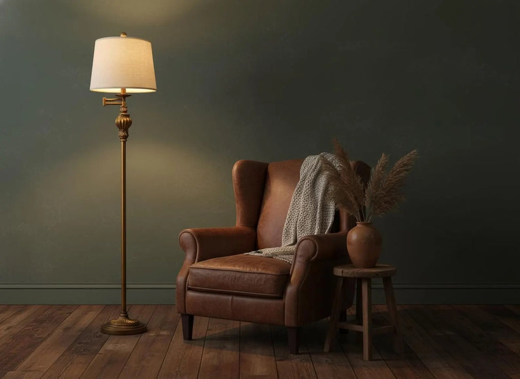 Distressed Vintage Floor Lamp, Adjustable Swing Arm Standing Light, Mid Century Retro Reading Lamp for Living Room