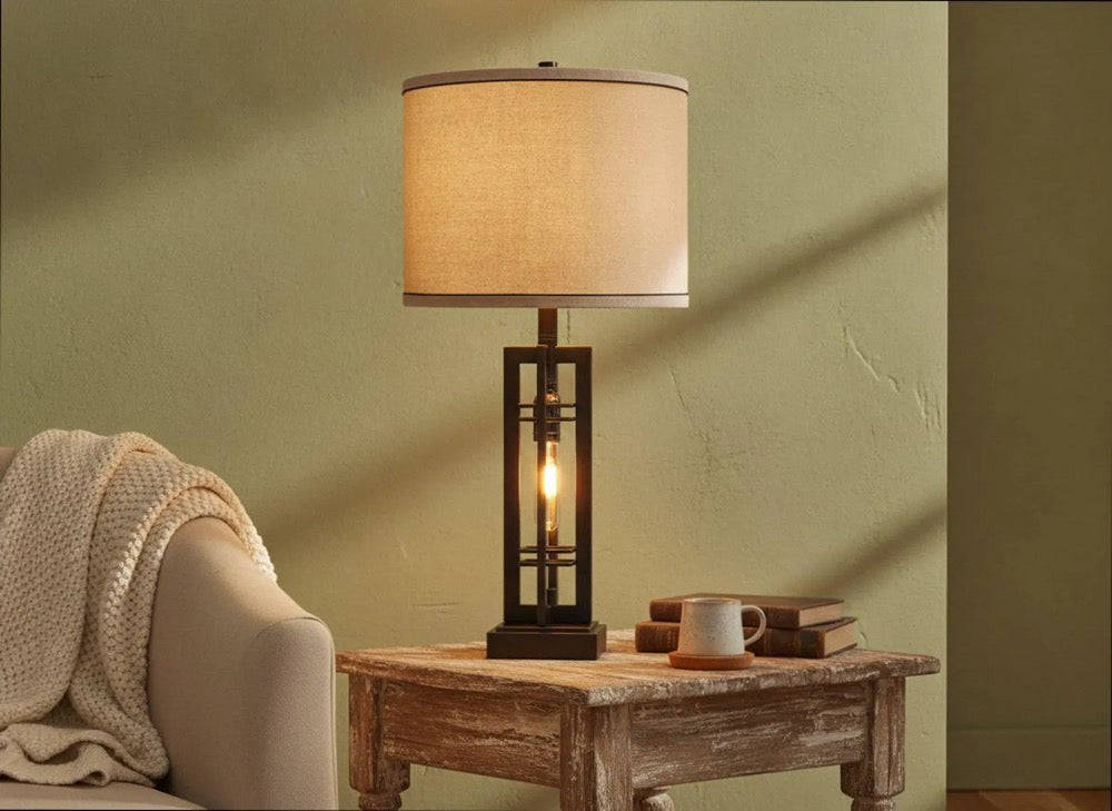 Farmhouse Table Lamp with USB Ports & AC Outlet, Industrial Touch Bedside Lamp for Bedroom Living Room Nightstand