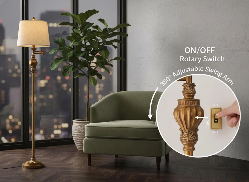 Distressed Vintage Floor Lamp, Adjustable Swing Arm Standing Light, Mid Century Retro Reading Lamp for Living Room