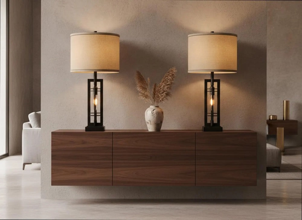 Farmhouse Table Lamp with USB Ports & AC Outlet, Industrial Touch Bedside Lamp for Bedroom Living Room Nightstand