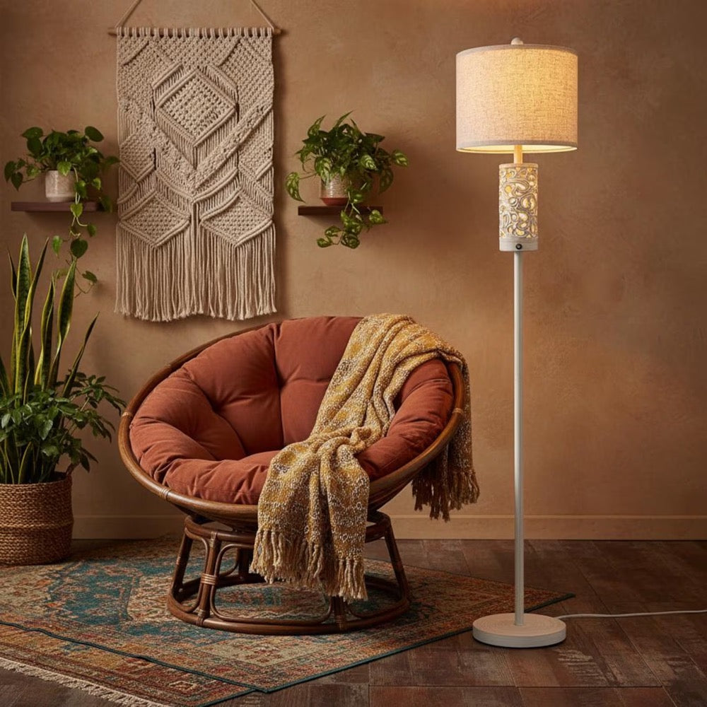 Farmhouse Floor Lamp with Night Light, Wood Pole Linen Shade Light, Rustic Standing Lamp for Living Room Bedroom