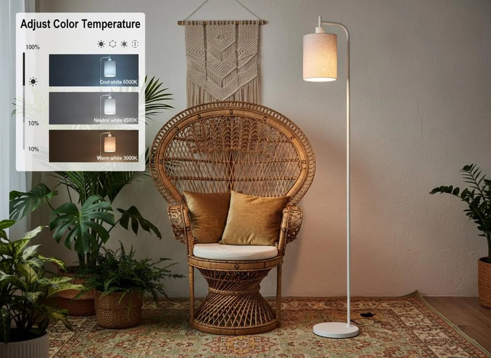 Dimmable Floor Lamp with Remote, Modern Linen Shade Standing Lamp with 3 Color Temperatures