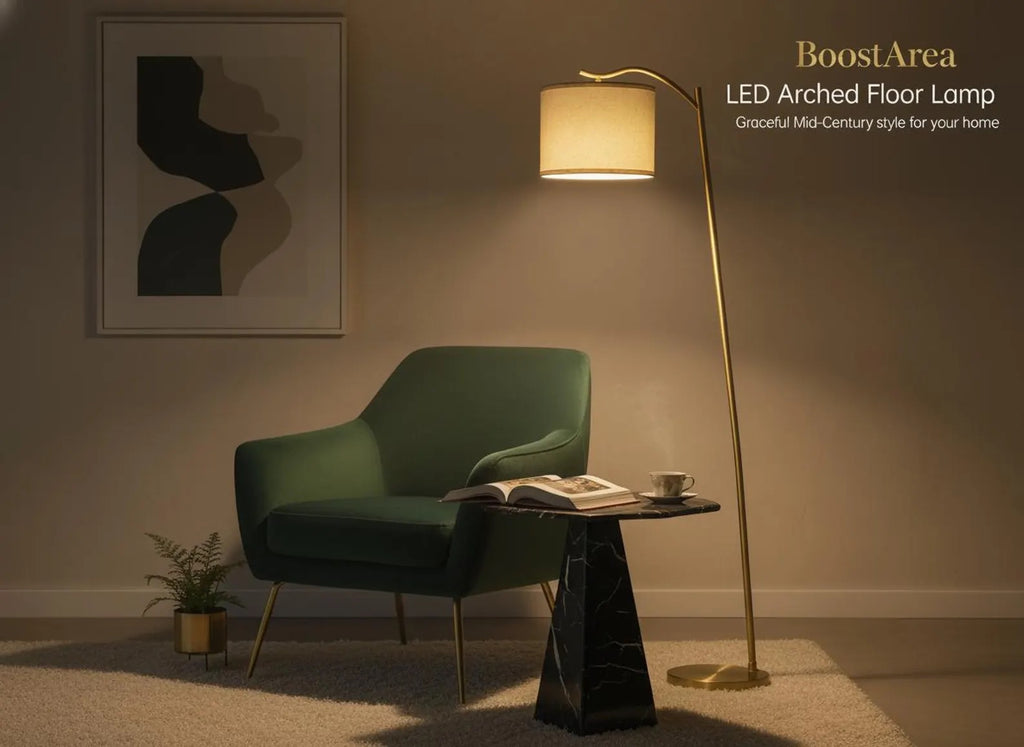 Mid Century Modern Arched Floor Lamp, Linen Shade