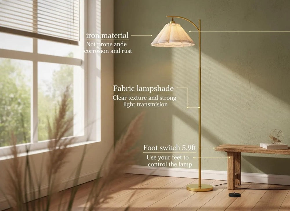 Tall Gold Floor Lamp, Pleated Linen Shade Arc Light, Modern Flower Standing Lamp for Living Room