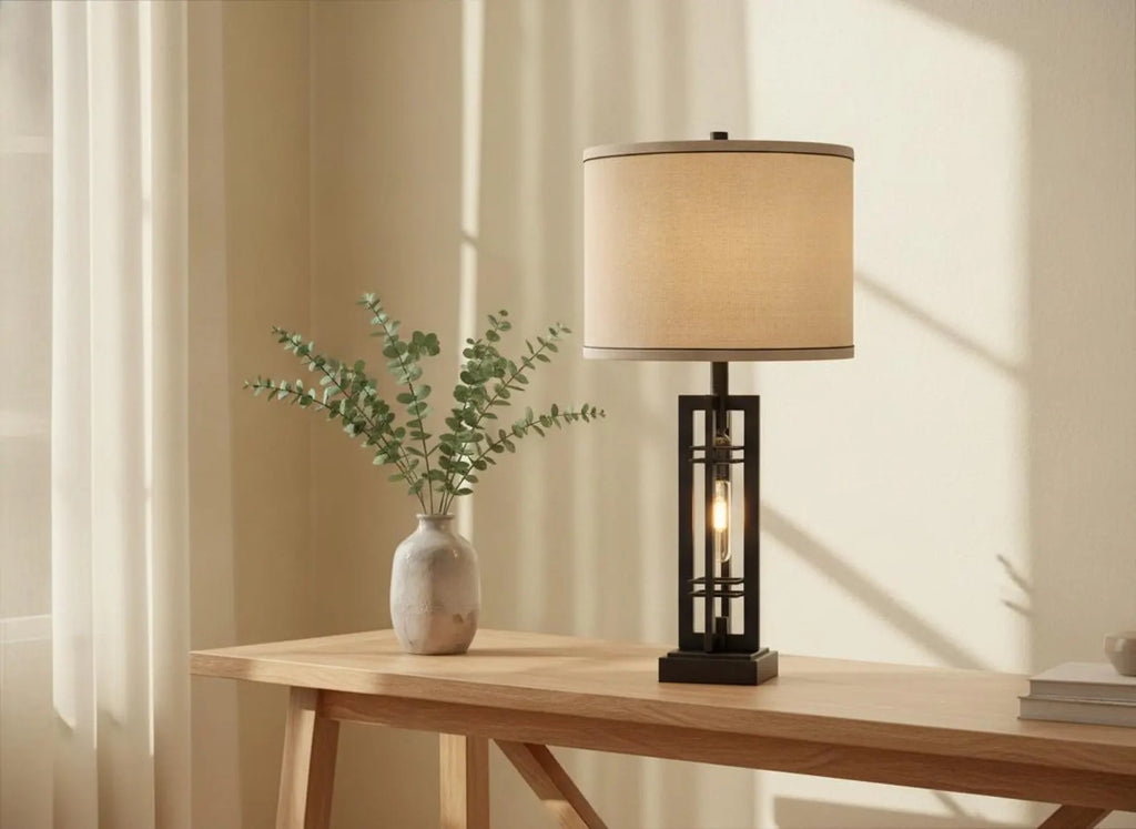 Farmhouse Table Lamp with USB Ports & AC Outlet, Industrial Touch Bedside Lamp for Bedroom Living Room Nightstand