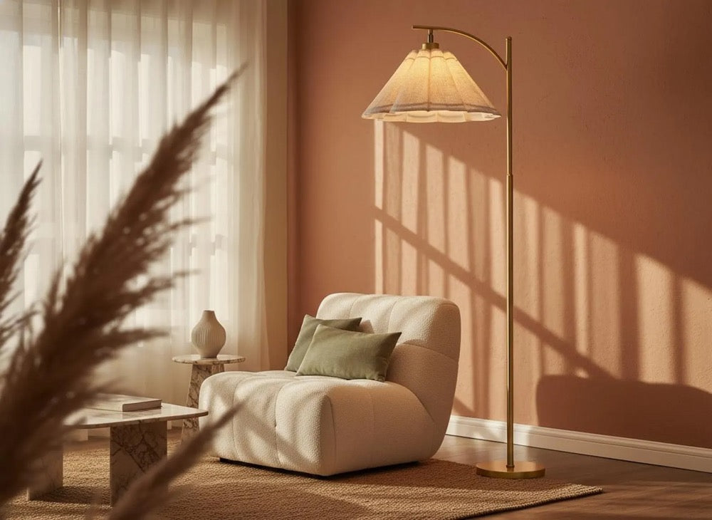 Tall Gold Floor Lamp, Pleated Linen Shade Arc Light, Modern Flower Standing Lamp for Living Room