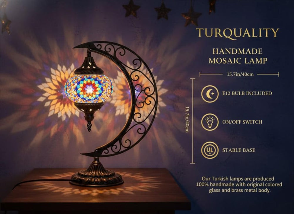 Turkish Moon Lamp, Moroccan Mosaic Table Lamp with Bronze Base, Colorful Stained Glass Decorative Light for Bedroom Living Room